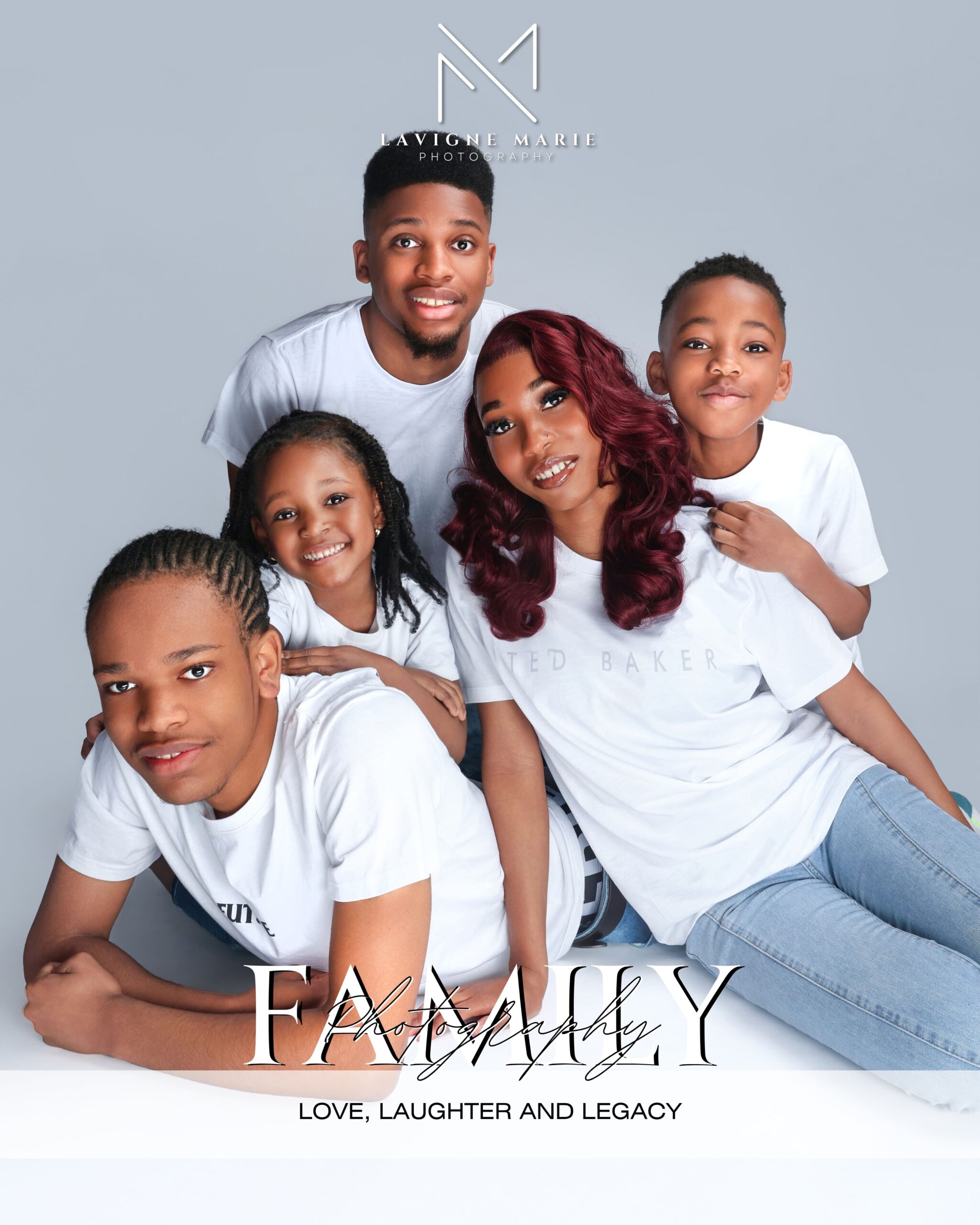 Family smiling together during a professional studio photoshoot in London.
