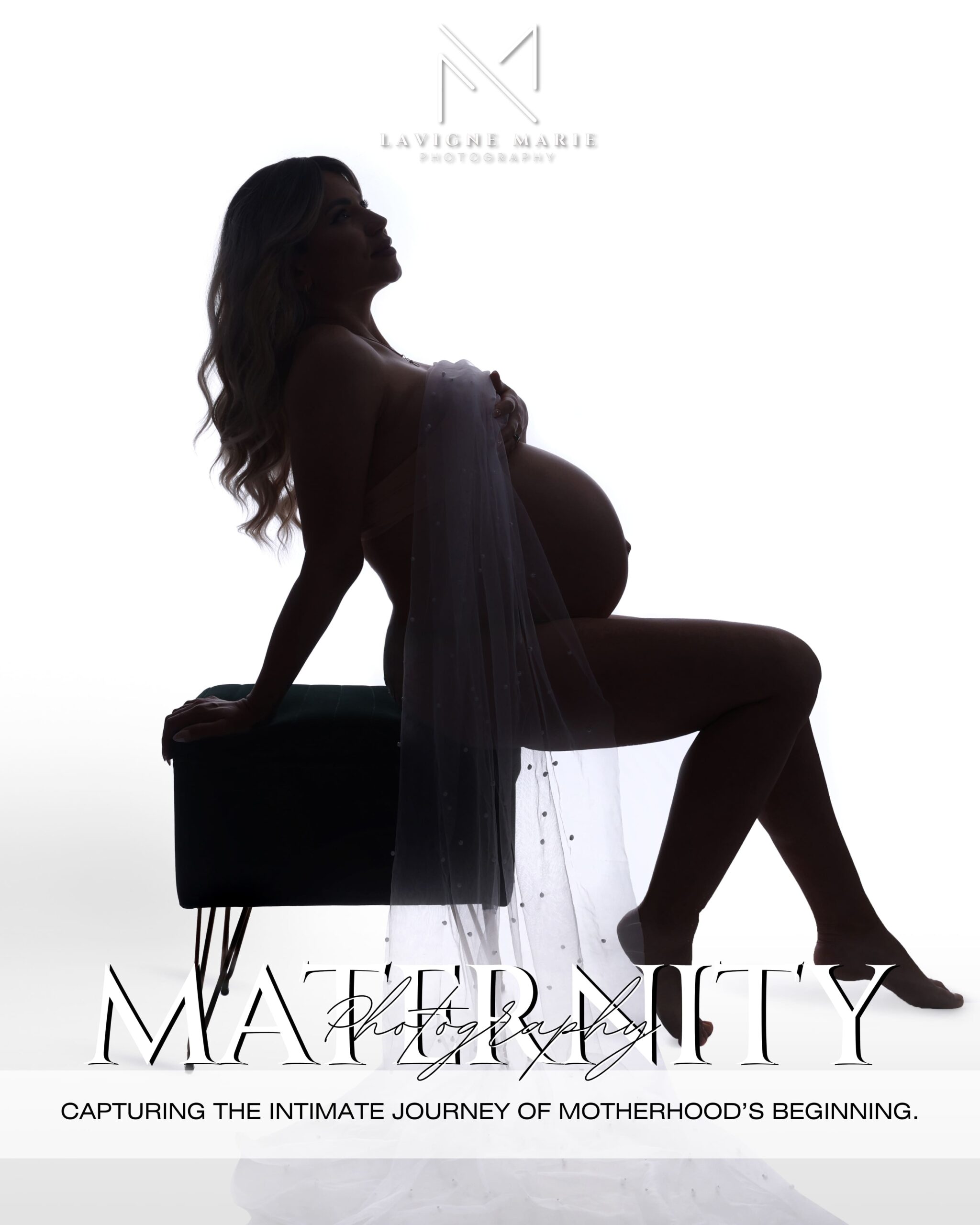 Pregnant woman posing gracefully during a maternity studio photoshoot in London.