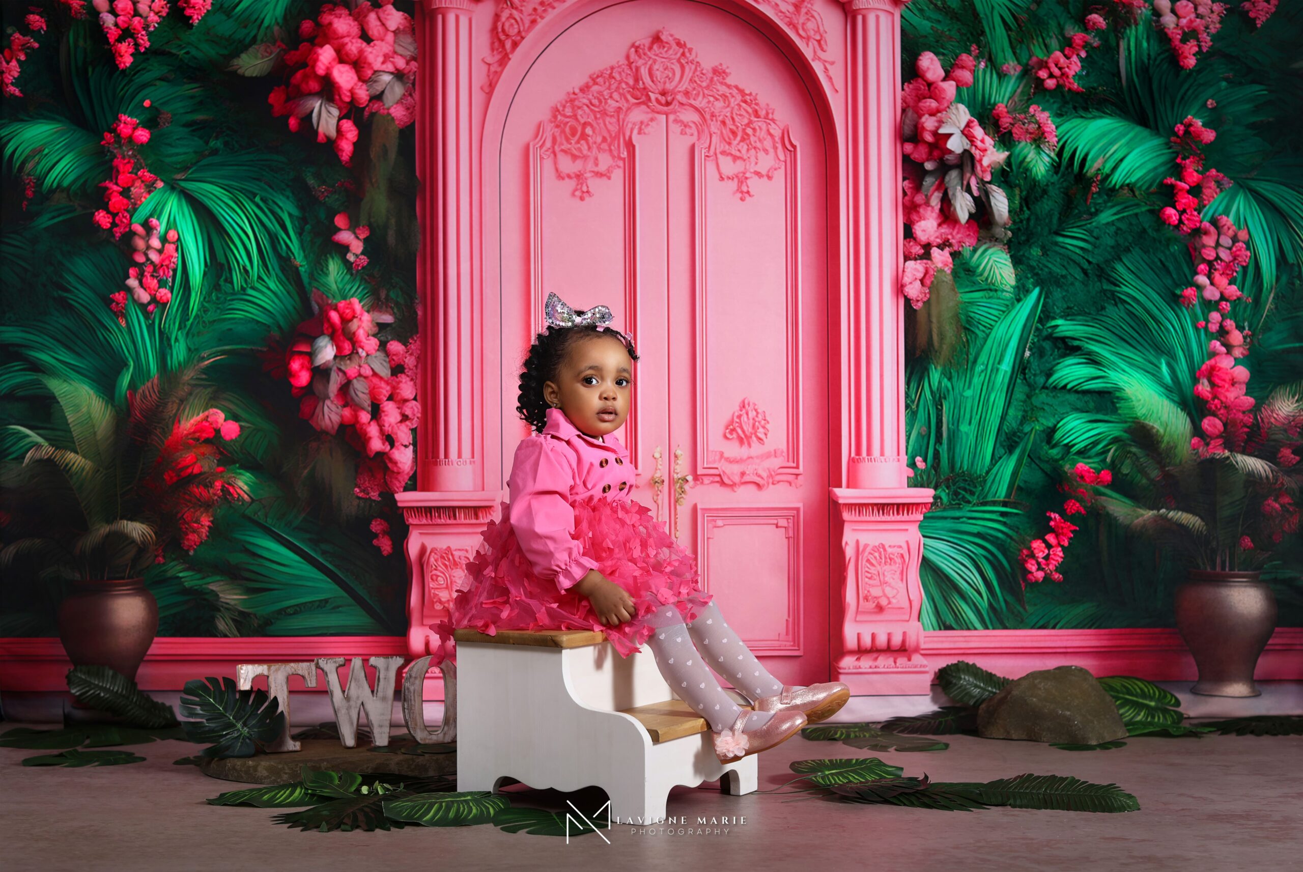 Two-year-old girl birthday photoshoot with pink themed decorations and number two balloon display